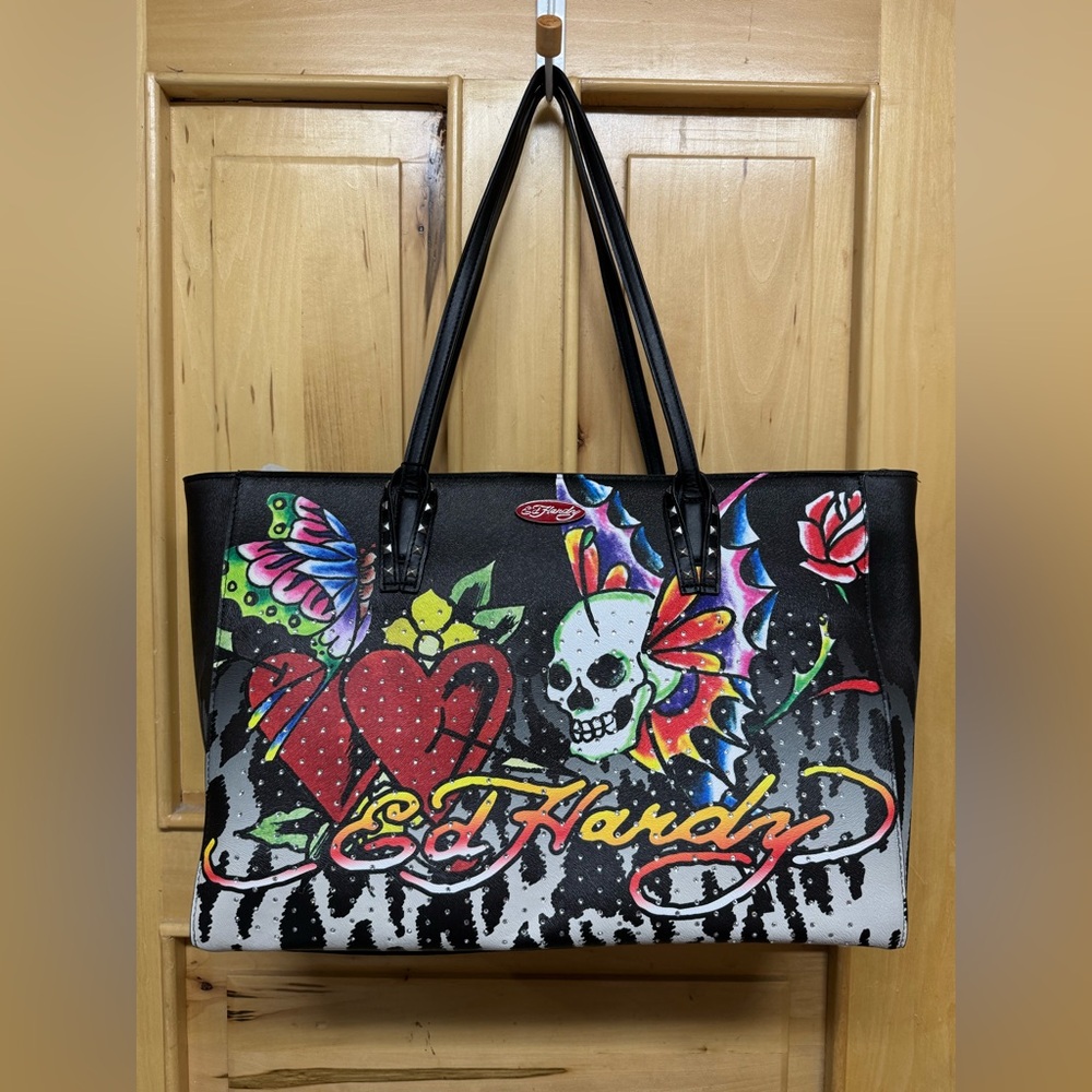 Ed Hardy Black Tote with Vibrant Multicolor Design